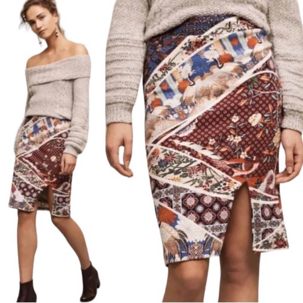 Anthropologie Maeve Vannia Printed Pencil Skirt Asian Crane Floral Size Large